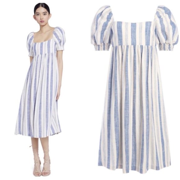 ALICE + OLIVIA BY STACEY BENDET Bauery Puff Sleeved Striped  Midi Dress $375 - Picture 1 of 12